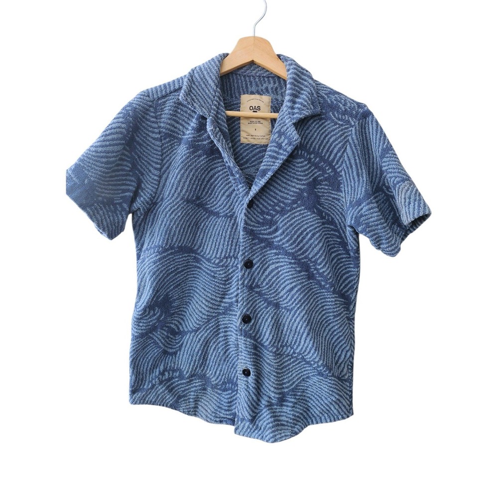 OAS Cuba Terry Shirt Mens Small Blue Wave Jacquard Short Sleeve Resort Button Up